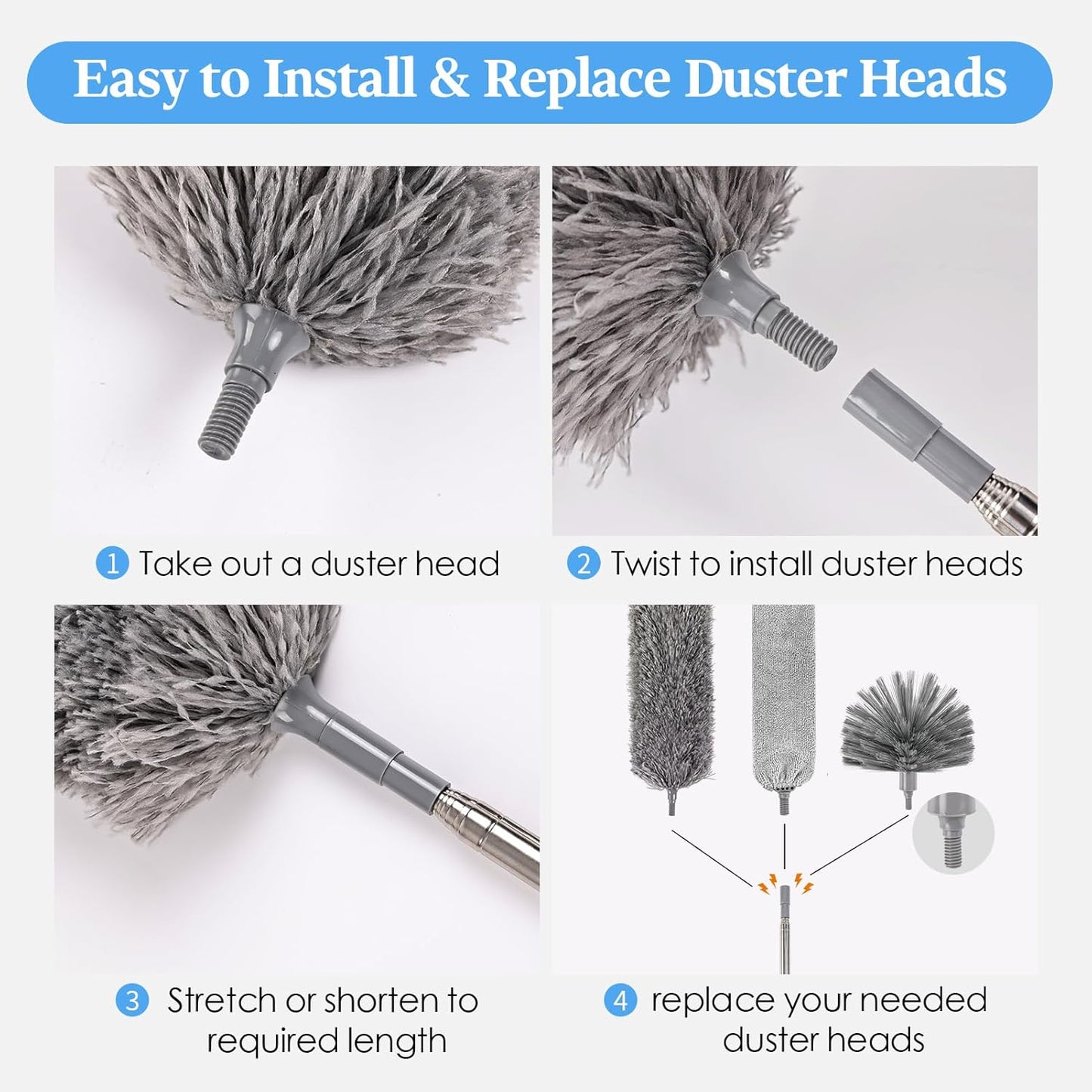 Microfiber Feather Duster 5-in-1 Kit with Extension Pole, Washable Cleaning Duster Set with 3 Duster Heads, Cobweb Duster, Corner Brush, 100'' Extendable Long Duster for High Ceilings, Fans, Furniture
