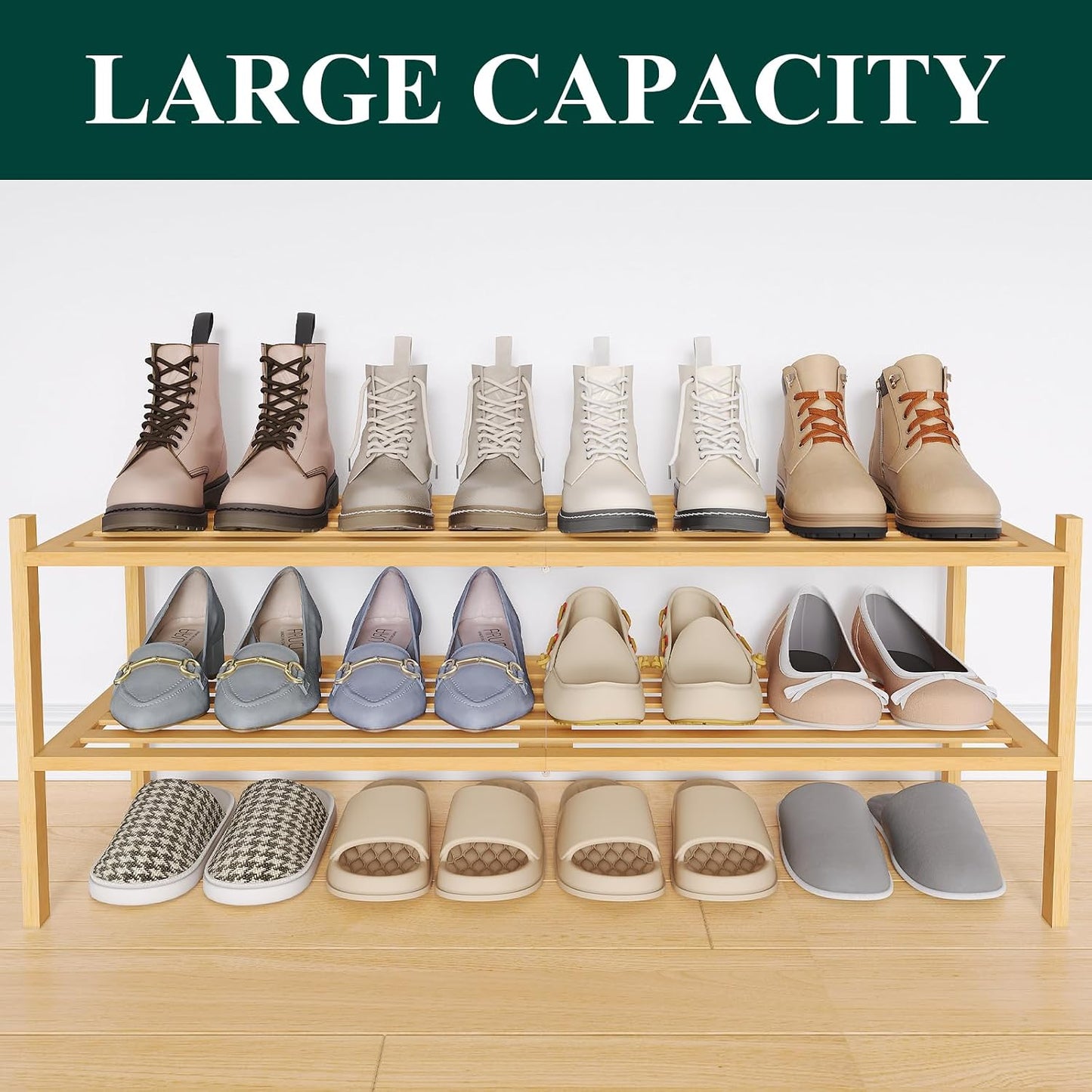 Smiry Bamboo Shoe Rack, 3 Tier Free Standing Wooden Shoe Organizer, Stackable Wood Shoe Storage Shelf for Closet, Entryway, 5 Horizontal Slats, 26.8"x11"x18.3", Natural