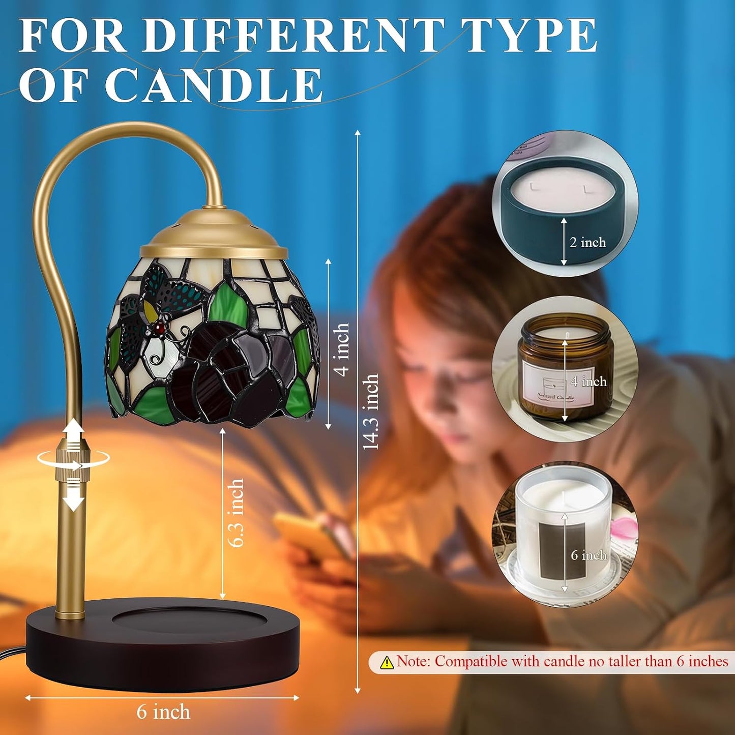 Candle Warmer Lamp with Timer Dimmer - Height Adjustable Wax Melt Warmer for Jar Candles, Blown Art Glass Candle Warming Lamp with 2 Bulbs Birthday Gifts for Mom Women Candle Holders for Home Decor