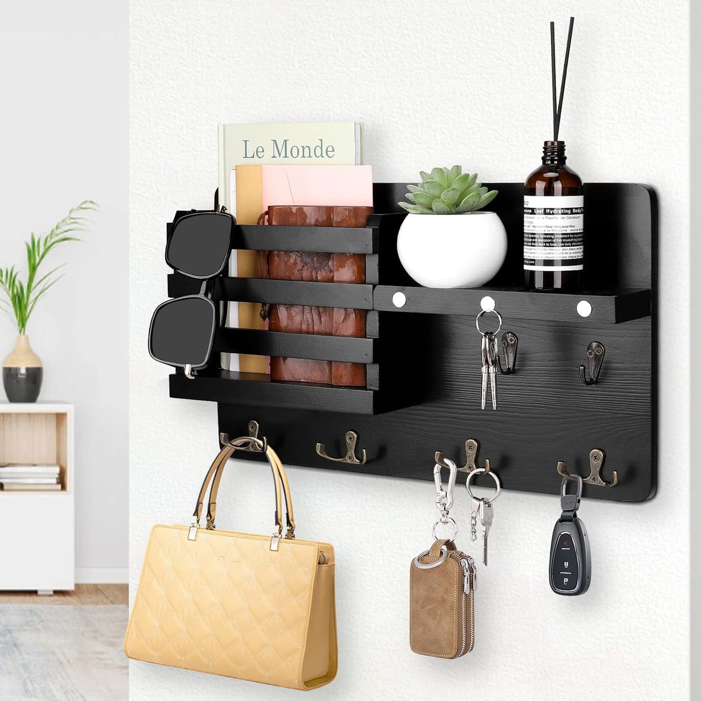 Decorative Key Hanging Rack with 10 Hooks – Easy Install Natural Wooden Key and Mail Holder for Wall Mount – Entryway Decor Rack with Shelf (Black)