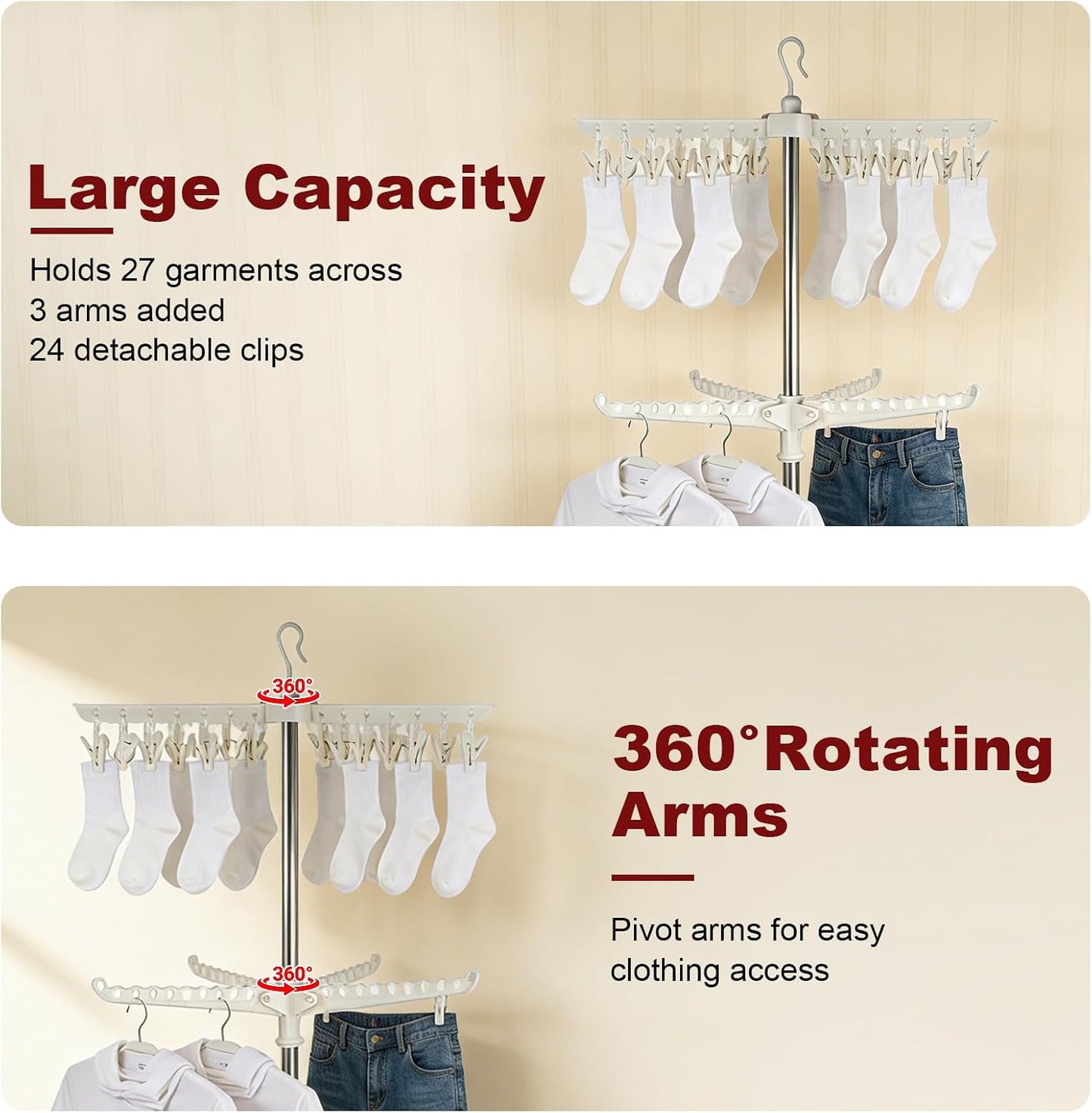 Clothes Drying Rack, 68.9 Inch 2-TierFolding Laundry Drying Rack with 3 Rotatable Arms for Hangers & Clips Stainless Steel Indoor Clothes Airer Space Saving Foldable Clothes Drying Rack for Balcony
