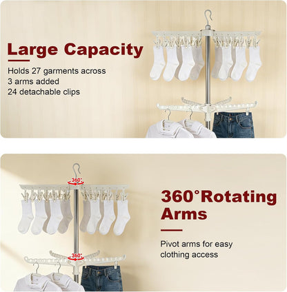 Clothes Drying Rack, 68.9 Inch 2-TierFolding Laundry Drying Rack with 3 Rotatable Arms for Hangers & Clips Stainless Steel Indoor Clothes Airer Space Saving Foldable Clothes Drying Rack for Balcony