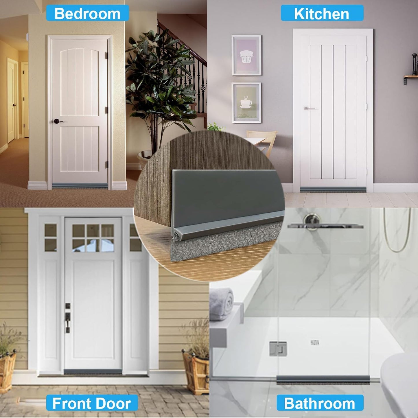 2-Pack Door Draft Stoppers with Brush, Door Sweep for Exterior/Interior Doors - Soundproof, Dust/Noise/Hot or Cold Air Insulation, 2" W x 39" L (White)