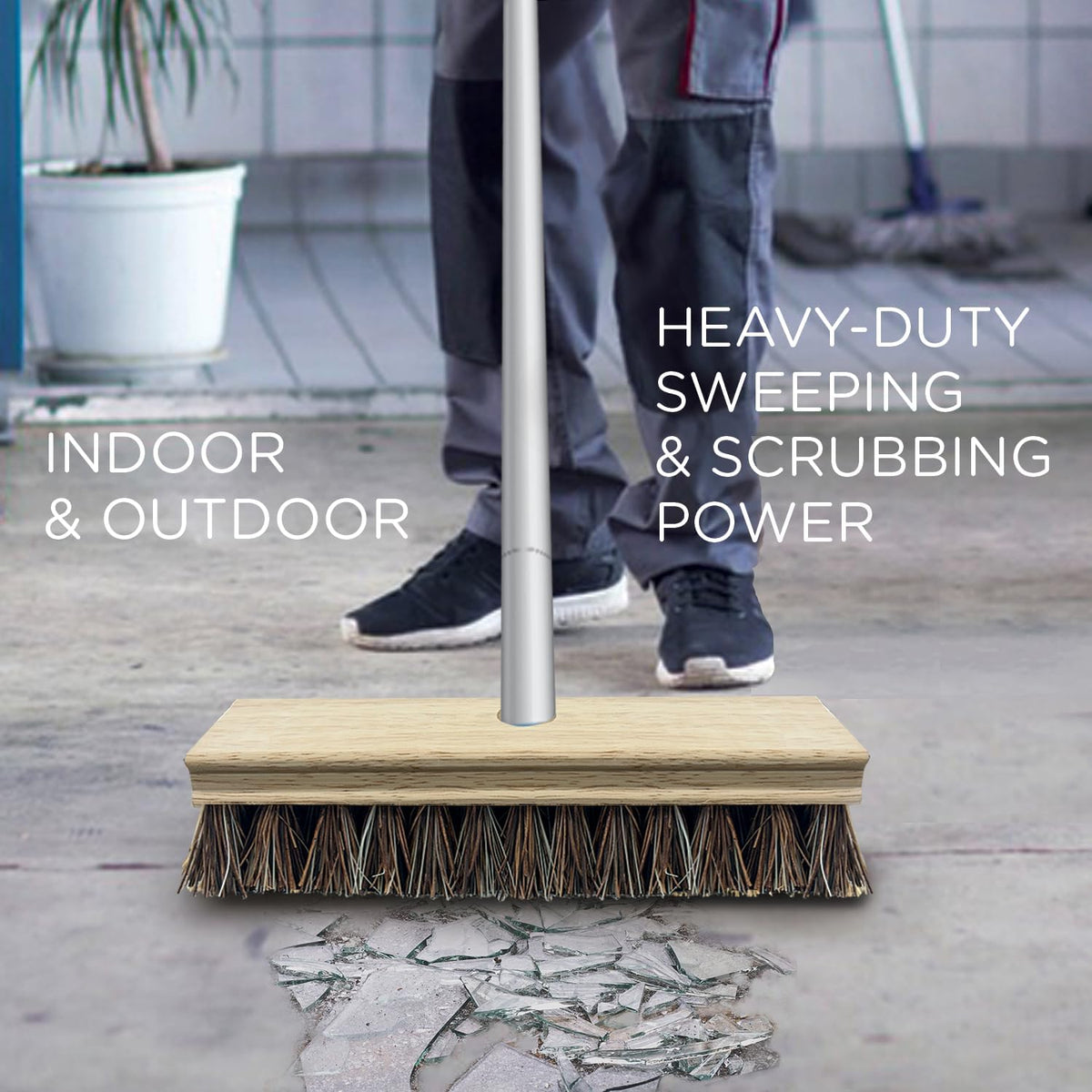 LOLA Deck Scrub Brush Outdoor Broom, Durable Bristles Remove Dirt, Grime, Grout, Leaves, Snow on Patios, Decks, Wet or Dry