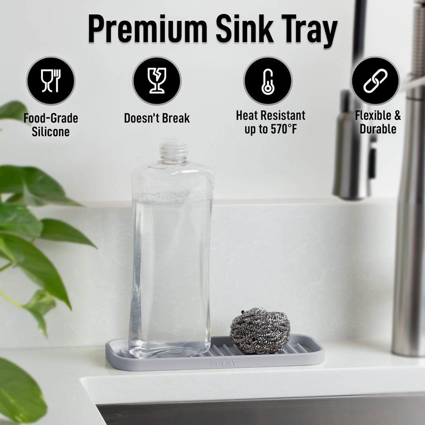 Zulay Kitchen (9x3.5in) Sponge Holder for Kitchen Sink - Flexible Heavy-Duty Multipurpose Sink Caddy - Counter Organizer for Kitchen, Bathroom, Makeup, Trinkets & More! (Grey)