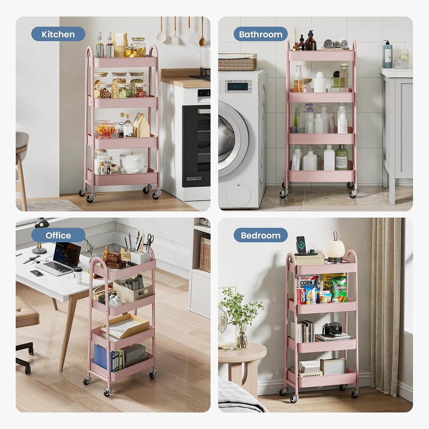 DUMOS 3 Tiers Rolling Cart, Utility Cart, Metal, White | Mobile Storage, Lockable Wheels, Utility Shelving Unit, Kitchen, Bathroom, Laundry, Narrow Places