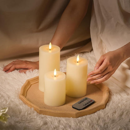 Stmarry White Flameless Candles with Remote and Timer, Real Wax Made LED Pillar Candles Battery Operated with 3D Flickering Flame - 3" x 4",5",6" - Set of 3