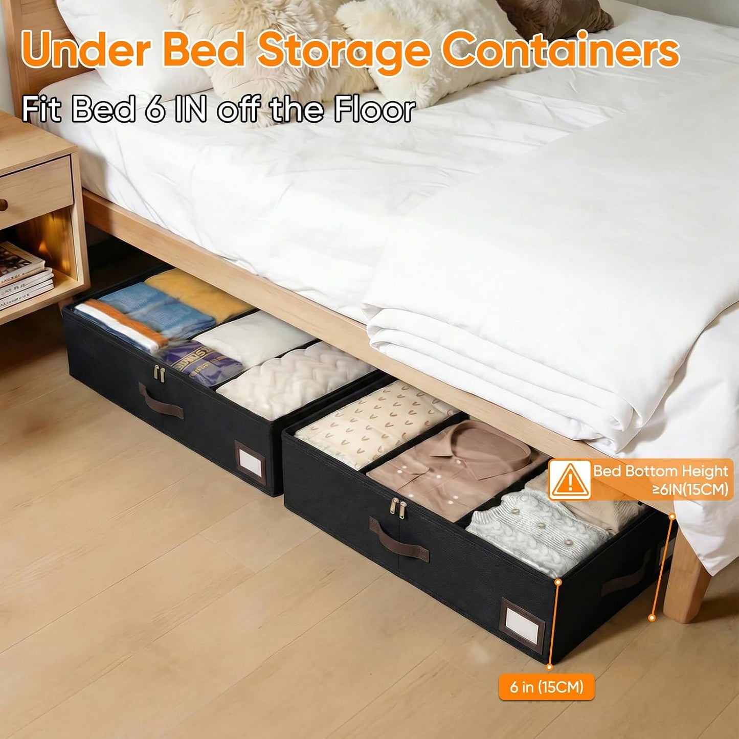 OIAHOMY 2 Pack 53L Under Bed Storage with Adjustable Dividers, 6" Low Profile Underbed Storage Bins for Comforters & Clothes, Save Closet Space with Clear View Lid & Reinforced Handles, Grey