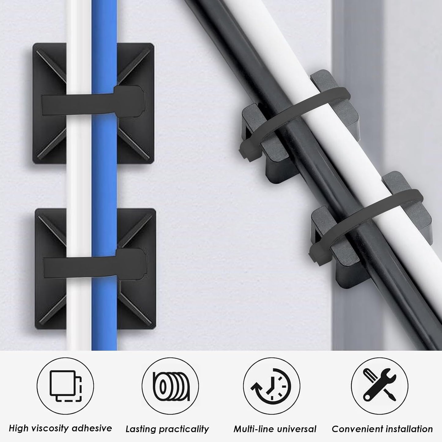 smseace 360Pcs Strong Back-Glue Self Adhesive Black Cable Zip Tie Mounts Kit with 6inch Zip Ties and Screws, UV Protection Outdoor Sticky Wire Fasteners Cable Clips Management