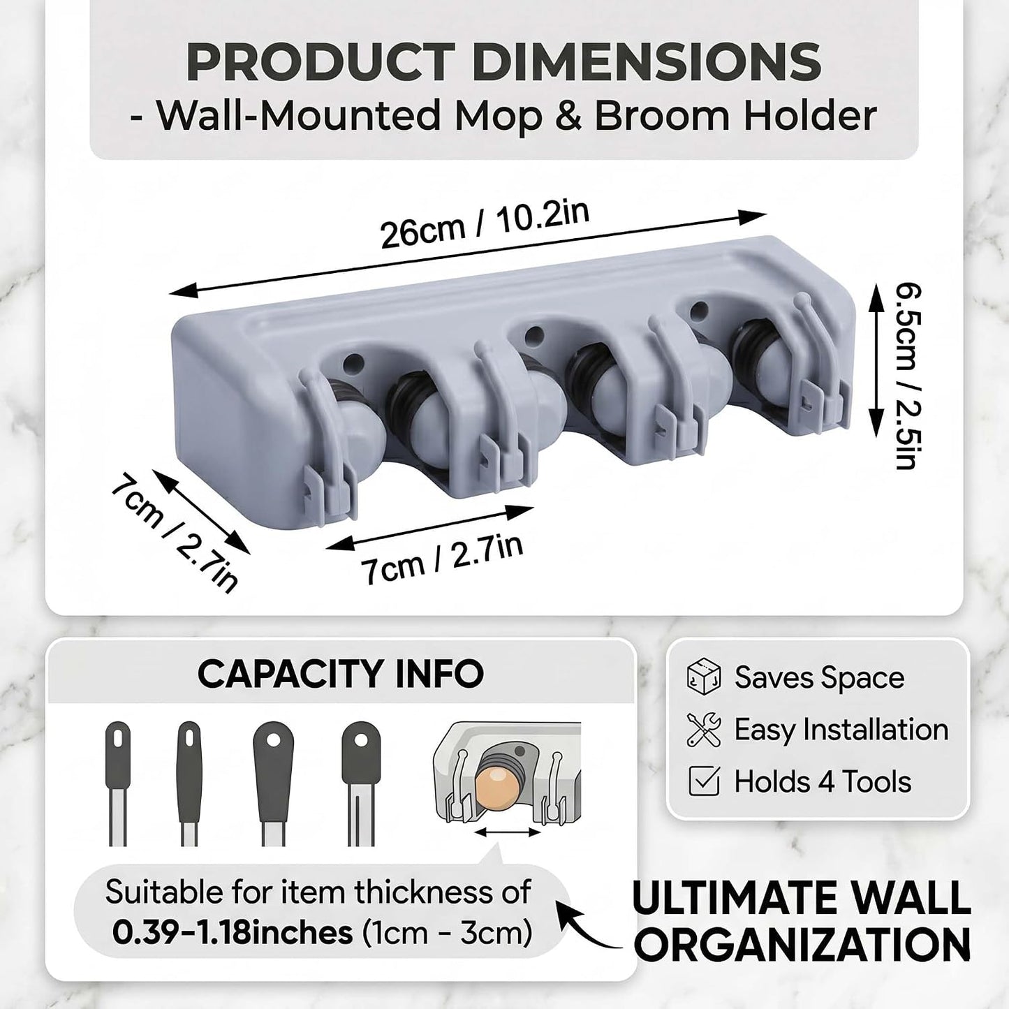 TOGU Mop and Broom Holder Wall Mounted 3 Position Storage Rack with 4 Retractable Hooks Holds up to 7 Tools Utility Weatherproof Holder for Garage Storage Systems Broom Organizer,Gray