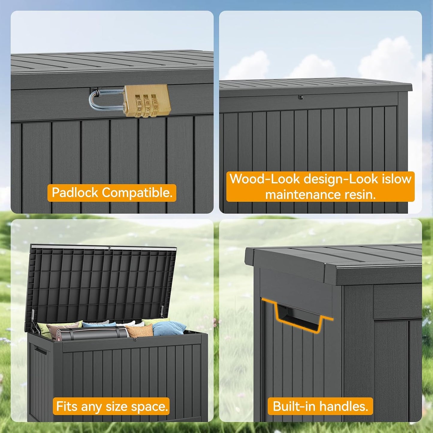 NUNU LAB Outdoor Storage Box, 45 Gallon Outside Deck Box Waterproof, Resin Outdoor Storage Cabinet With Lockable Lid, Backyard Storage Bench For Garden Tools, Patio Cushions, Pool Tools, Black
