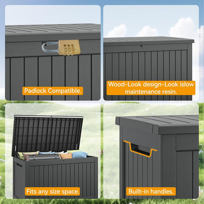 NUNU LAB Outdoor Storage Box, 45 Gallon Outside Deck Box Waterproof, Resin Outdoor Storage Cabinet With Lockable Lid, Backyard Storage Bench For Garden Tools, Patio Cushions, Pool Tools, Black