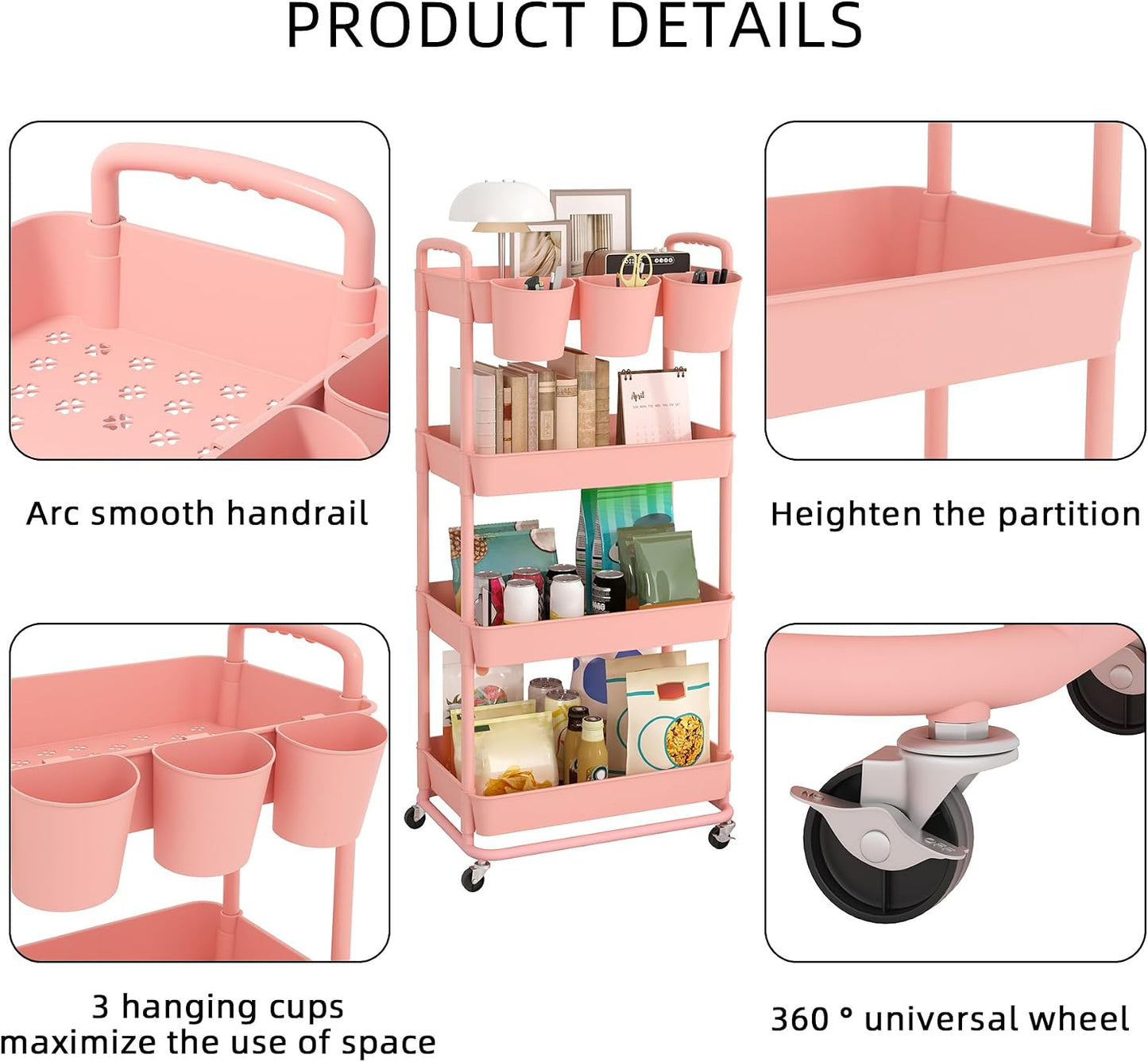 JIUYOTREE 4-Tier Plastic Rolling Storage Cart Utility Cart with Extra Hanging Cups Handles Lockable Wheels for Living Room Bathroom Kitchen Office White