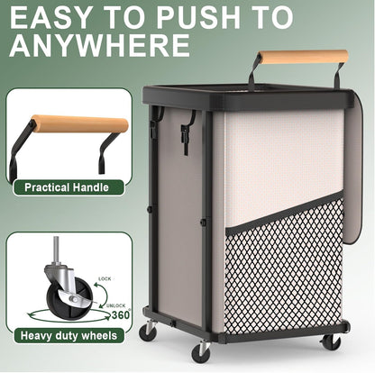 230L (60 Gal) Extra Large Fashion Laundry Sorter 3 Section with Lid, Rolling Laundry Basket Hamper with Handle, Laundry Organizer Storage Cart with Sturdy Metal Frame for Laundry Room, Hotel, White