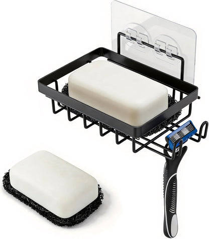 Adhesive Soap Bar Holder for Shower Wall, Self Draining Soap Dish Container Caddy Saver with 2 Hooks for Razor Loofah, Shampoo Sponge Tray Case Box for Bathroom Kitchen Sink, Black