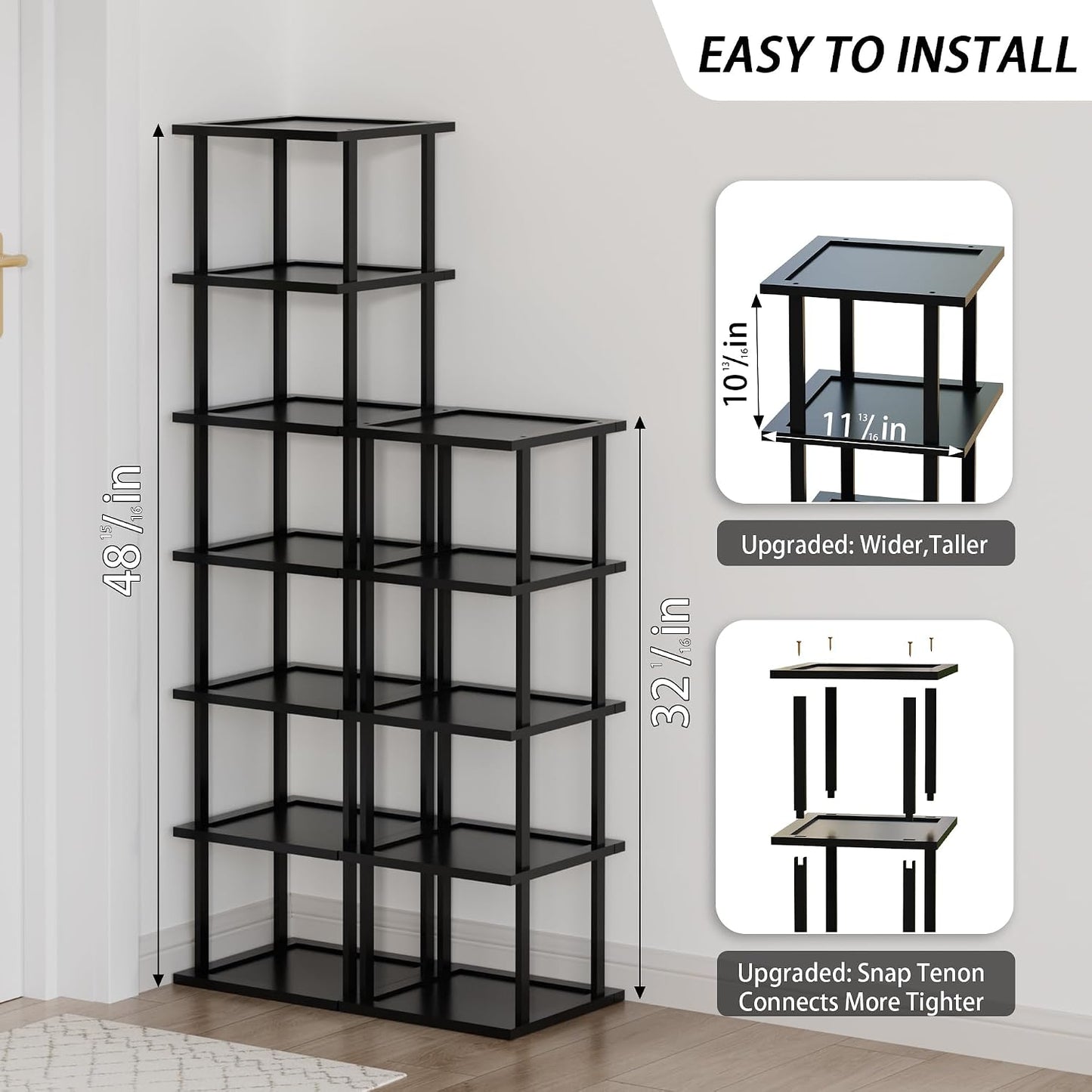 Vertical Tall Shoe Rack Organizer for Entryway -7 Tier Free Standing Slim Narrow Bamboo Wood Corner Stackable Shoe Boots Storage Stand Small Spaces for Closet Garage Cloakroom Living Room (Black)
