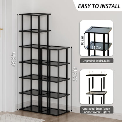 Vertical Tall Shoe Rack Organizer for Entryway -7 Tier Free Standing Slim Narrow Bamboo Wood Corner Stackable Shoe Boots Storage Stand Small Spaces for Closet Garage Cloakroom Living Room (Black)