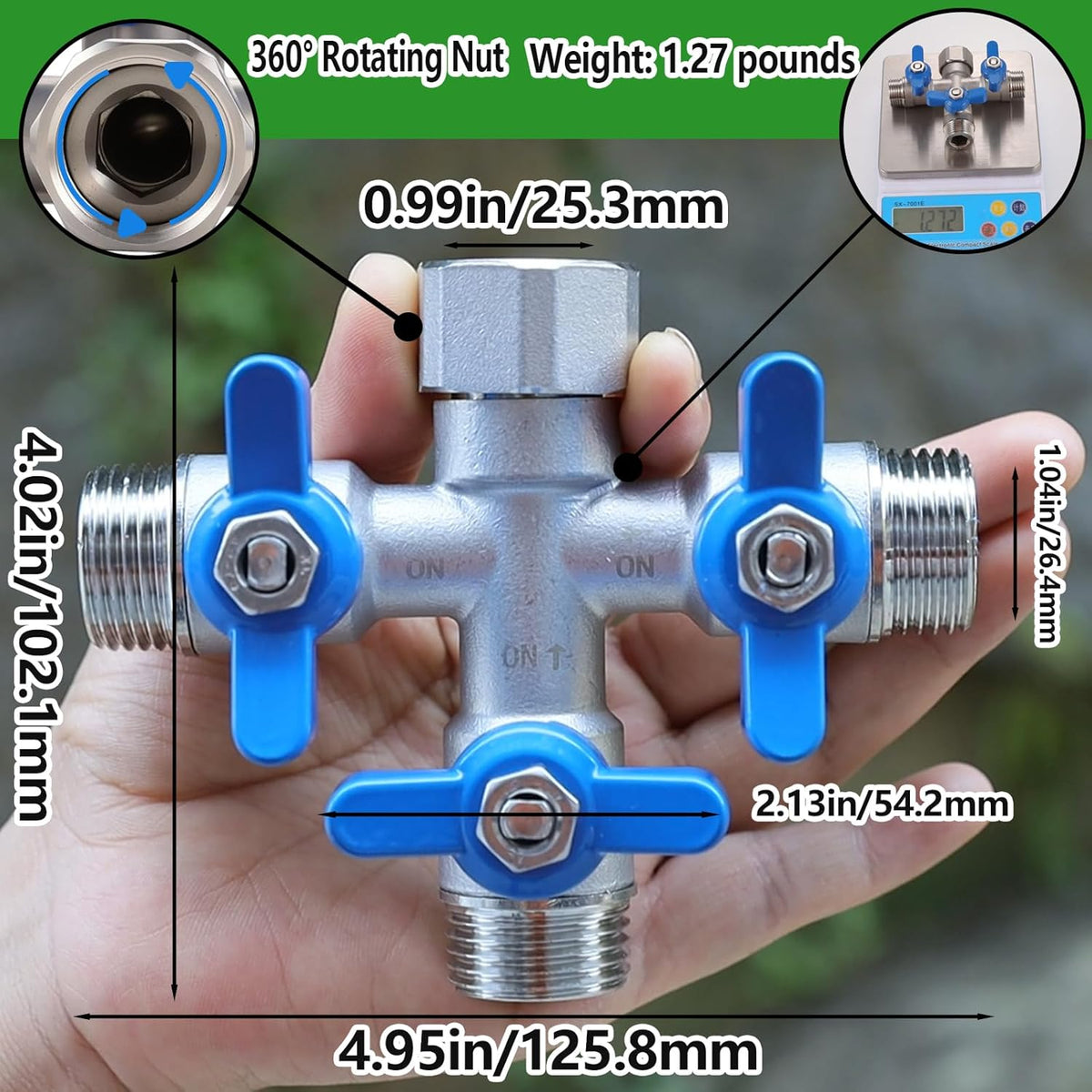 304 Stainless Steel Garden Hose Splitter 2 Way Heavy Duty, Full Flow Hose Y Splitter with Long Handle,Lead-free Y Valve Water Garden Hose Adapter,3/4" GHT Threads