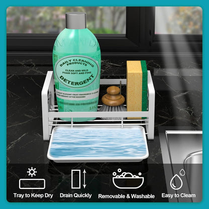 VANTEN Kitchen Sink Caddy Sponge Holder Organizer, Sink Tray Drainer Rack, Soap Dish Dispenser Brush Holder Storage Accessories - Countertop or Adhesive Wall Mount, Matte Black Stainless Steel