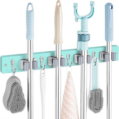 OUTNILI Mop and Broom Holder Wall Mount - Wood Broom Mop Hanger - Wall Mounted Garden Tool Rack Organizer for Closet Garage Laundry Room for Rustic Kitchen Decor With 5 Slots & 4 Hooks