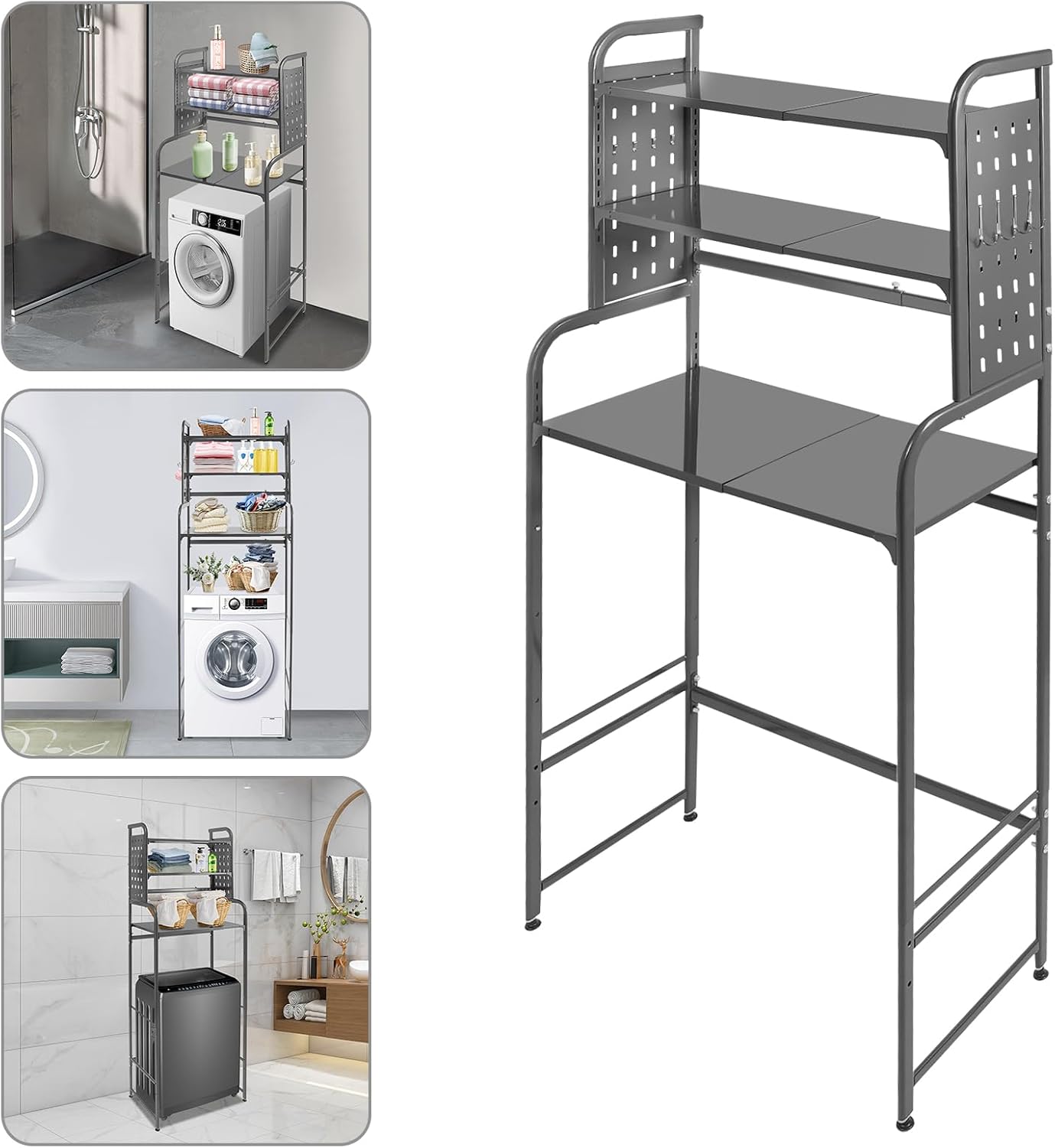 3-Tier Over The Washer and Dryer Storage Shelf, Washing Machine Shelf with Adjustable Height & Hooks, Over Toilet Laundry Room Drying Storage Rack with Pigboard, Space Saver (Gray)