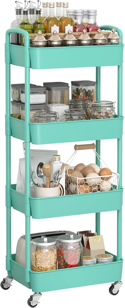 Sywhitta 4-Tier Plastic Rolling Utility Cart with Handle, Multi-Functional Storage Trolley for Office, Living Room, Kitchen, Movable Storage Organizer with Wheels, Black