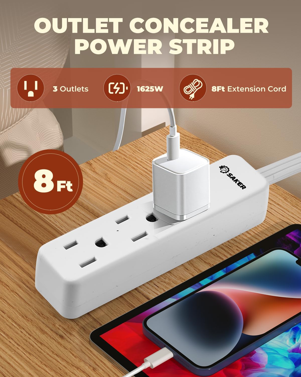 Saker Outlet Concealer Power Strip | 5ft Flat Plug Extension Cord with 3 Outlets,1625W | Universal Size Outlet Cover Baby Proofing | Cover Extension Cord for Kitchen, Home and Office