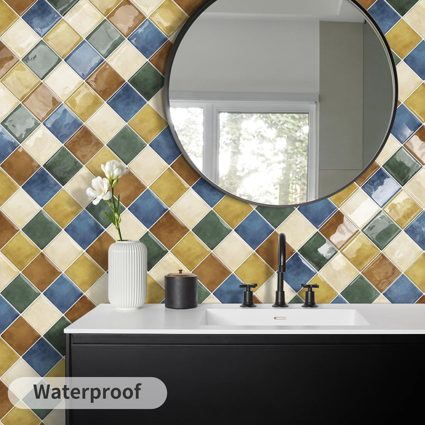 DEWOO Colorful Peel and Stick Backsplash Tiles Kitchen Bathroom Square Self Adhesive Wall Tile Checkered Stickers,Multicolor (10-Sheet, 12"×12")