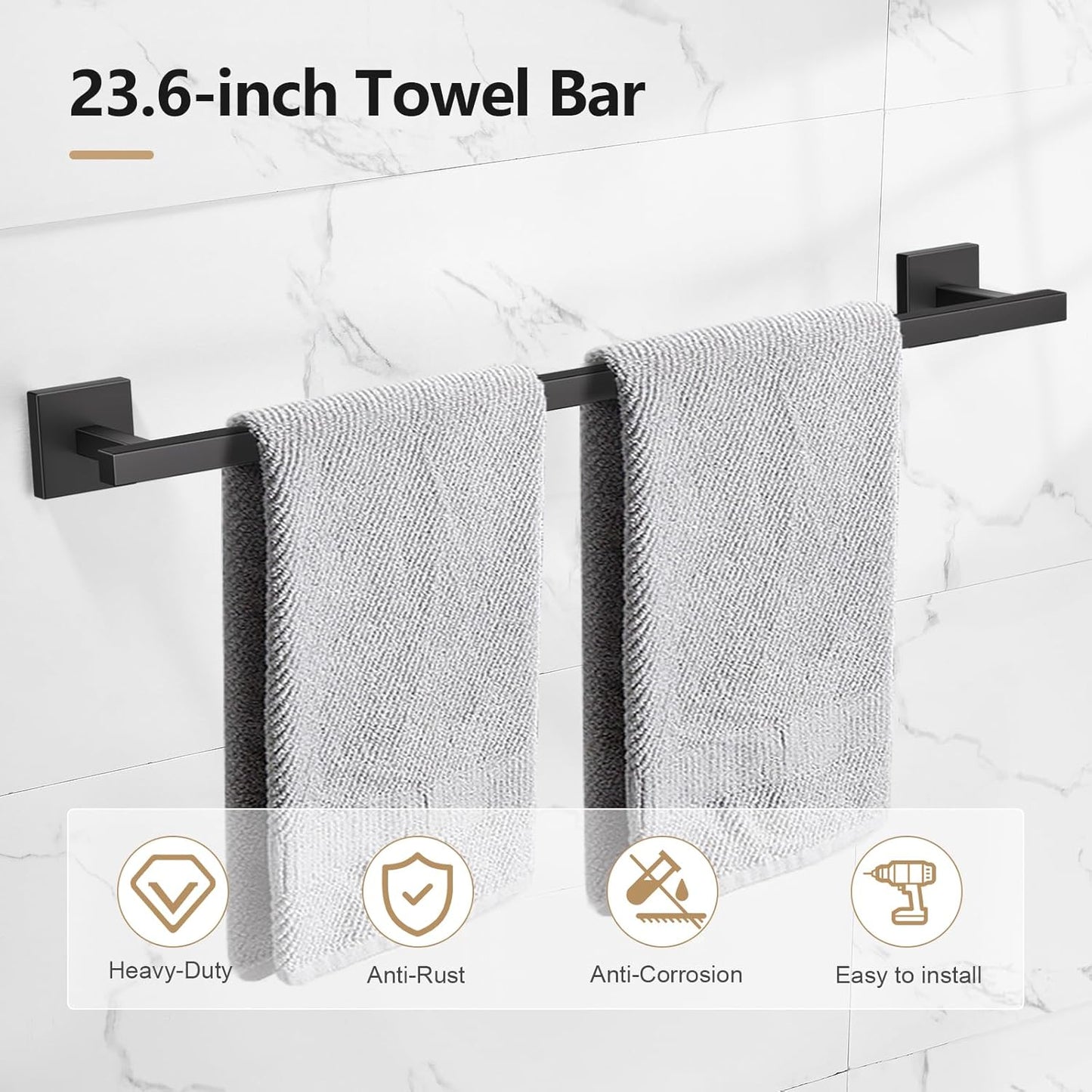 TQKAG Brushed Gold Bathroom Hardware Accessories Set 10 Pieces, 23.6" SUS304 Stainless Steel Towel Bar Set Wall Mounted Includes Single Towel Bar, Towel Ring, Toilet Paper Holder, Double Towel Hooks