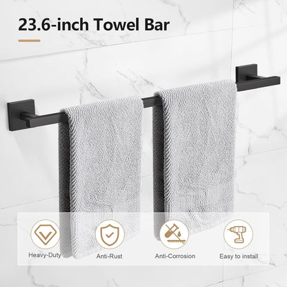 TQKAG Brushed Gold Bathroom Hardware Accessories Set 10 Pieces, 23.6" SUS304 Stainless Steel Towel Bar Set Wall Mounted Includes Single Towel Bar, Towel Ring, Toilet Paper Holder, Double Towel Hooks