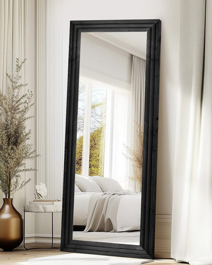 Full Length Mirror 65"x22" with Stand Solid Wood Frame Floor Large Mirror for Living Room, Bedroom Hanging Standing or Leaning Wall-Mounted, New Black