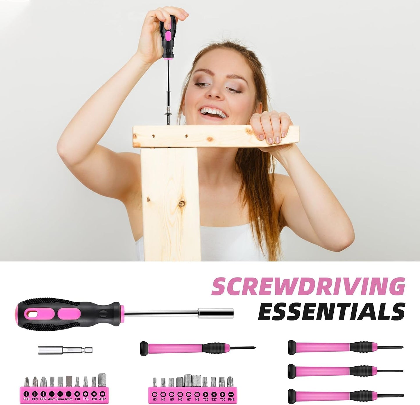 URASISTO 40-Piece Home Tool Kit with Easy Carrying Box, Small Basic Hand Tool Set Perfect for DIY Building, Home Maintenance and Woodworking, Great for College Students - PINK