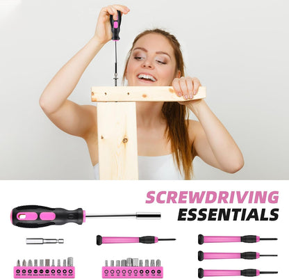 URASISTO 40-Piece Home Tool Kit with Easy Carrying Box, Small Basic Hand Tool Set Perfect for DIY Building, Home Maintenance and Woodworking, Great for College Students - PINK