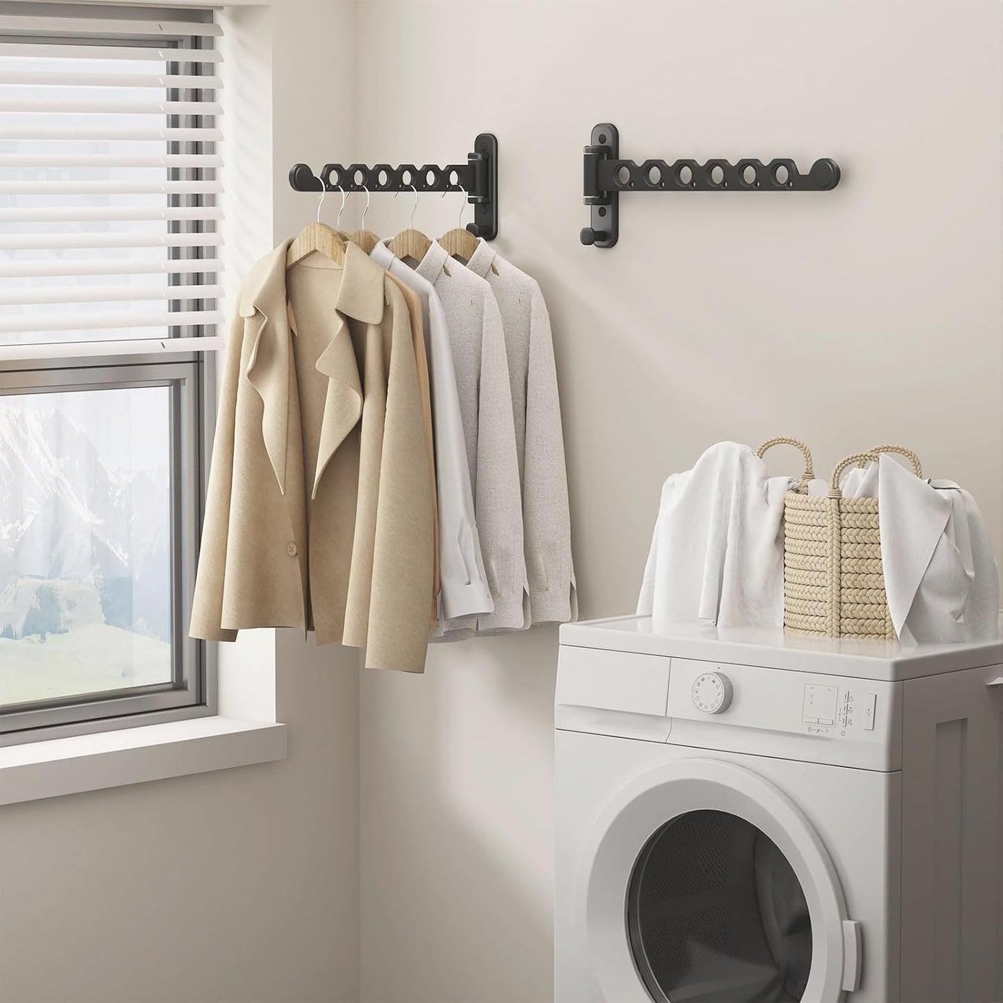 Wall Mounted Clothes Hanger Rack Foldable Drying Rack Hook Folding Indoor for Laundry Room Organization Bedroom Collapsible Racks Perfect for Small Spaces, 6 Hole Black 1 Packs
