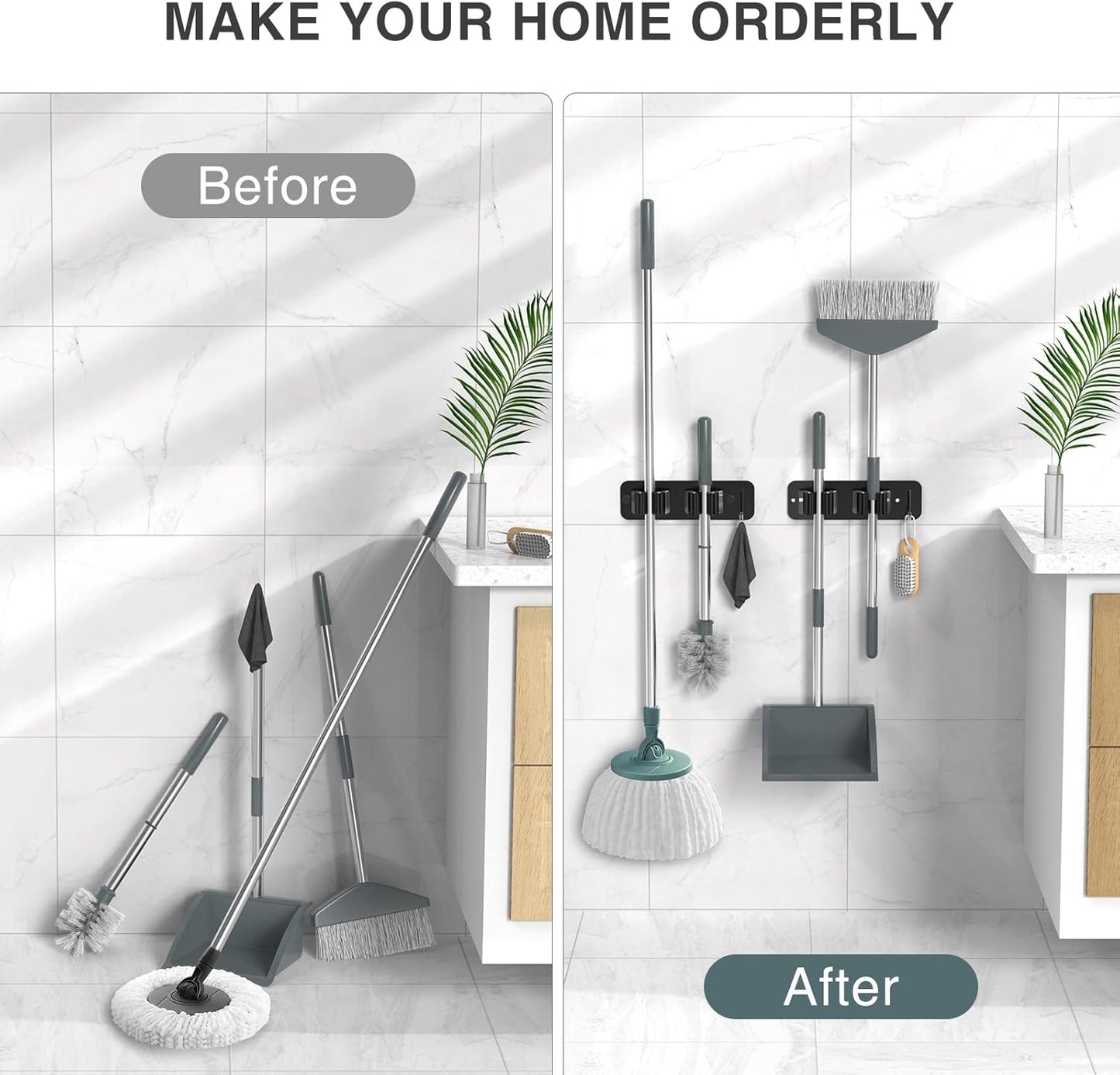 homeasy Wall Mount Mop and Broom Holder, Heavy Duty Stainless Steel Organizer Rack with Hooks | 2-Pack, 2-in-1 No Drill & Screw Installation, Black