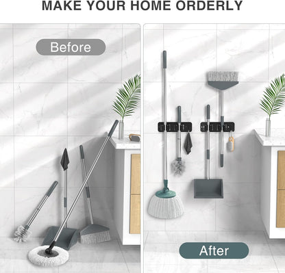 homeasy Wall Mount Mop and Broom Holder, Heavy Duty Stainless Steel Organizer Rack with Hooks | 2-Pack, 2-in-1 No Drill & Screw Installation, Black
