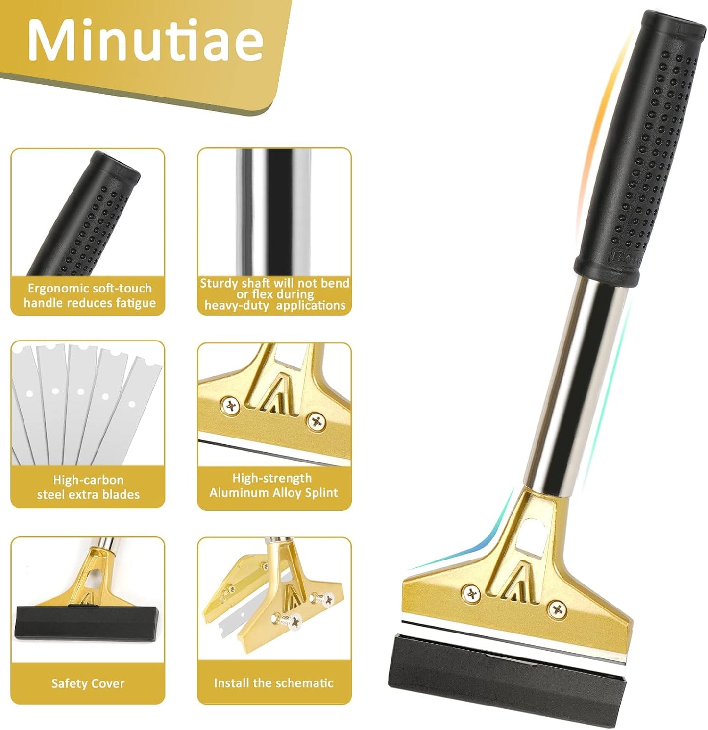 Razor Blade Scraper,Floor Scraper Tool with 20PCS Extra Blades,Paint Scraper Ideal for Cleaning Stove Top,Windows,Glass,Tiles,Wall,Labels.(4 in,Metal) | Heavy-duty,Reinforced aluminum alloy head with a steel shaft