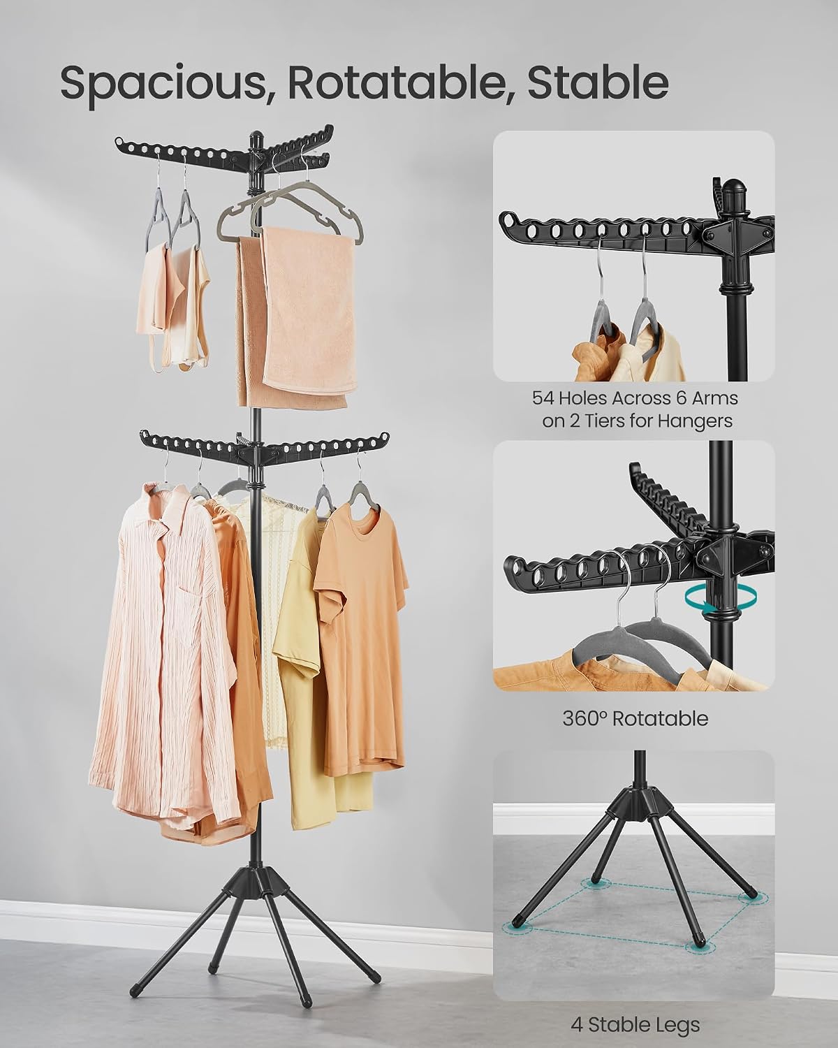 SONGMICS 2-Tier Clothes Drying Rack, 72-Inch Folding Laundry Drying Rack with 3 Rotatable Arms for Hangers, 24 Clips, Stainless Steel, for 27 Pieces of Clothes, Blue and Silver ULLR512Q01