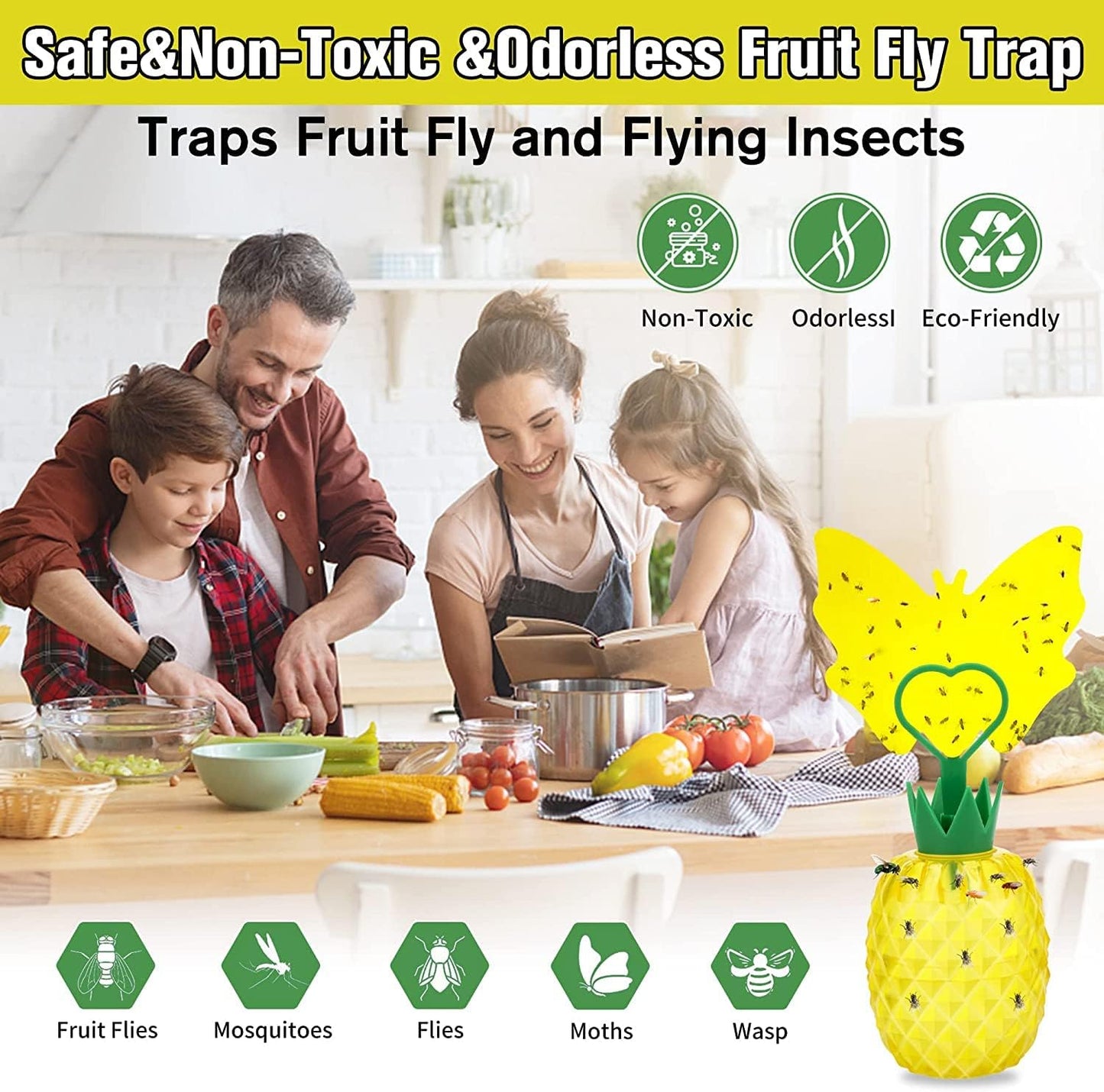 Fruit Fly Trap for Indoors, Effective Fruit Fly Catcher Gnat Killer with Sticker, Gnat Traps for House Indoor with Bait, Non-Toxic Reusable Easy to Use Fly Trap for Kitchen Home - 2 Pack, Clear Yellow