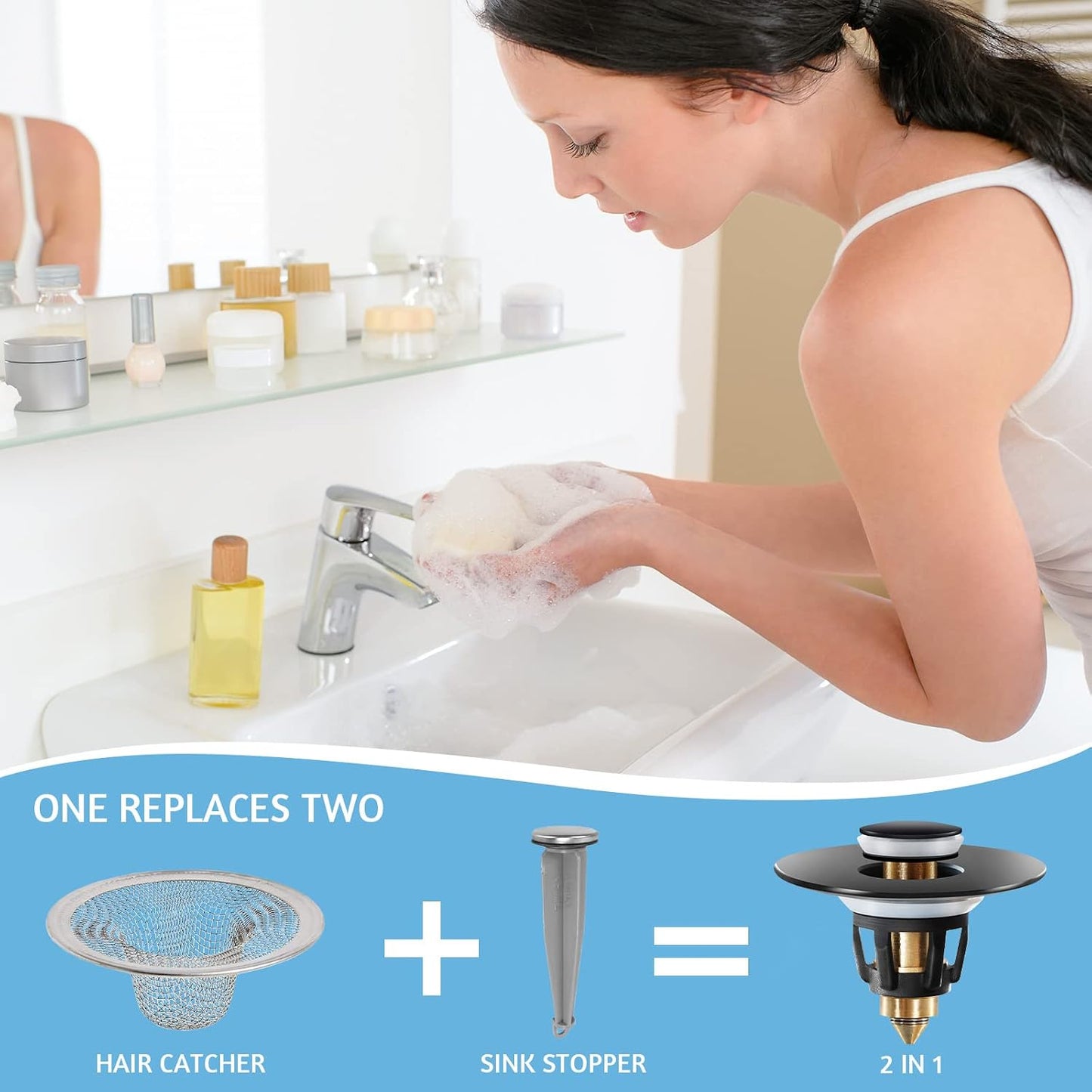 QYHNYJF Bathroom Sink Stopper with Hair Catcher – Universal Pop-Up Drain Strainer for 1.1–1.5 inch US Standard Sink Drain Holes, Anti-Clog Basin Stopper, Silver