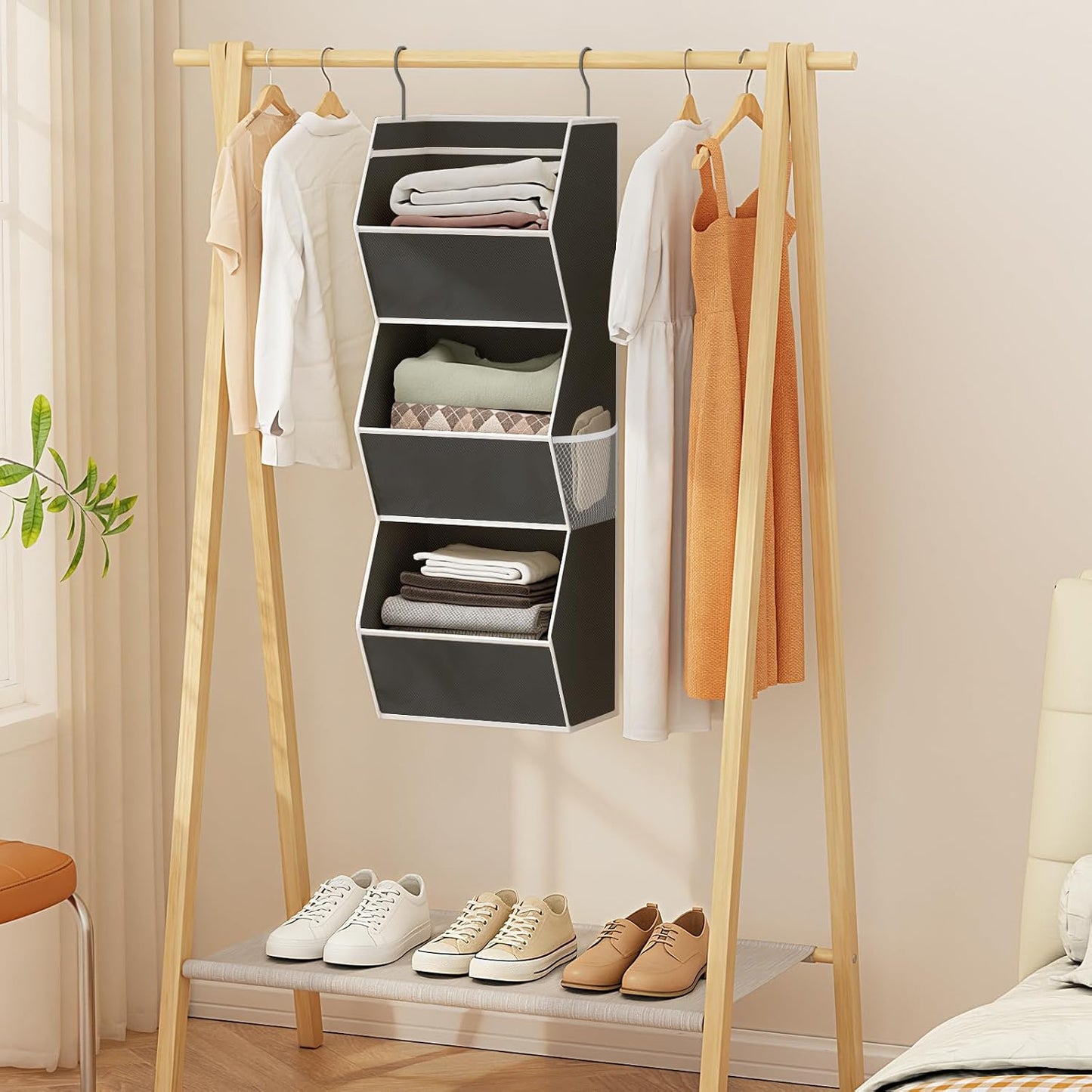 Hanging Closet Organizer 4 Shelf Collapsible Bedroom Closet Organizers and Storage Hanging with Mesh Pockets for Clothes, Fabric Hanging Storage Bins for Wardrobe Closet Organization and Storage, Grey
