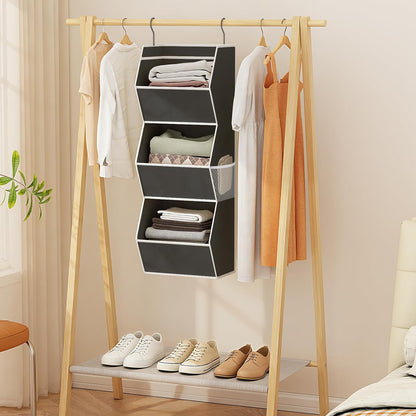 Hanging Closet Organizer 4 Shelf Collapsible Bedroom Closet Organizers and Storage Hanging with Mesh Pockets for Clothes, Fabric Hanging Storage Bins for Wardrobe Closet Organization and Storage, Grey