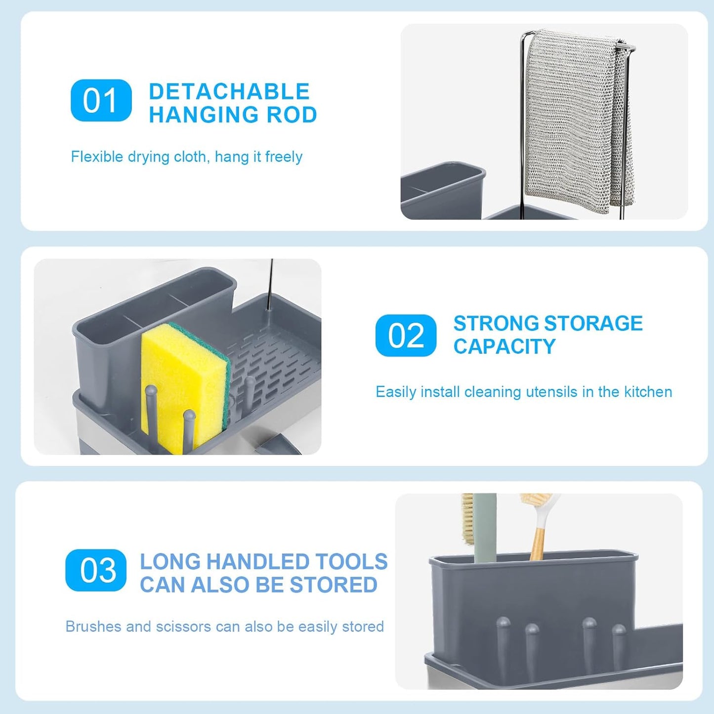 Kitchen Sink Caddy,Sponge Holder for Kitchen Sink with Dish Brush Holder, Auto Drain Tray, Sponge Drain Rack,Stainless Steel Sink Organizer Countertop，Sponge Soap(Grey)