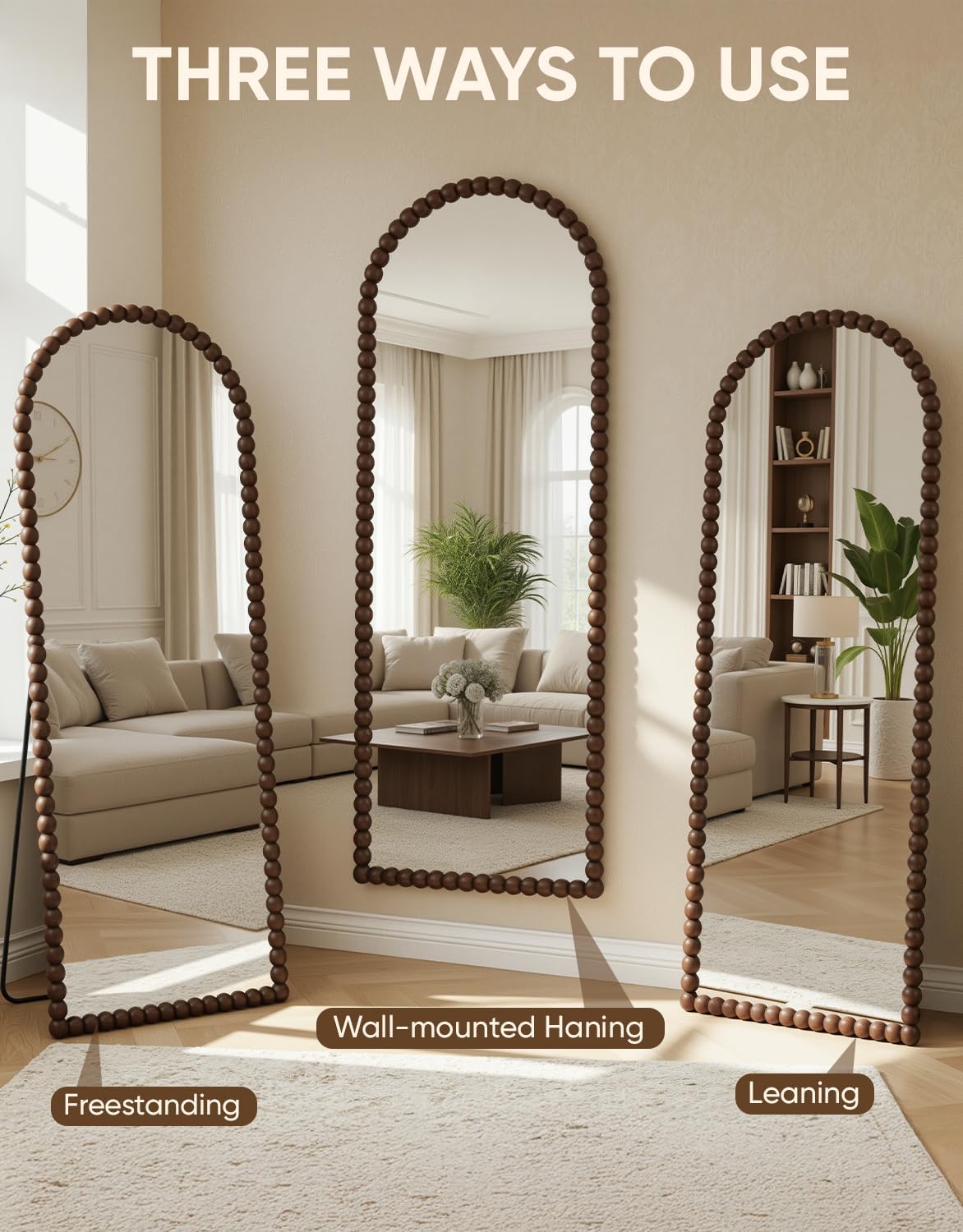 Antok 58" x 21" Arched Full Length Mirror, Antique Beaded Frame Floor Standing or Wall Mounted Mirror with Stand for Bedroom, Entryway, Brown, Luxury Style