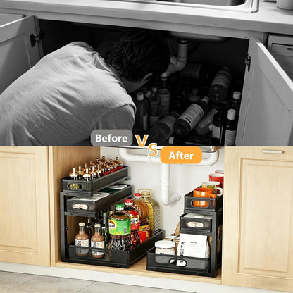 2 Pack Under Sink Organizer, 3-Tier Pull Out Kitchen Cabinet Organizer with 5 Adjustable Heights Metal Slide Out Bathroom Storage Makeup Drawer Rack for Bedroom Office Pantry Home Organization, White