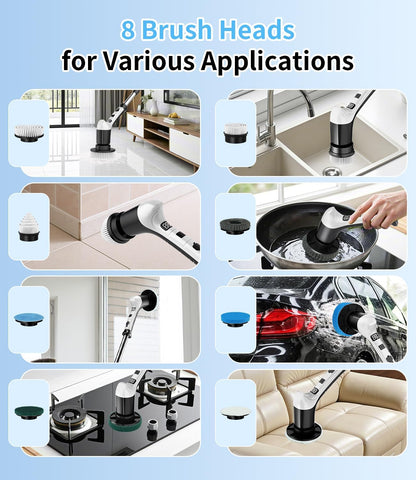 Electric Spin Scrubber with 3 Speed, Adjustable Extension Handle, 8 Brush Heads,Cordless Power Cleaning Brush for Bathroom, Tile, Kitchen-Black