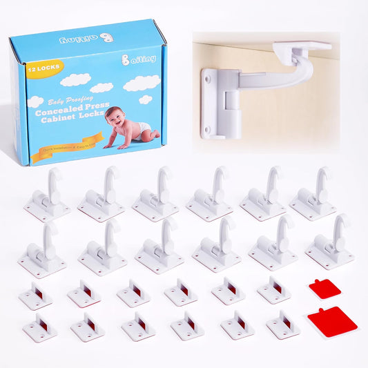 12 Pack Baby Proofing Cabinet Locks, Baitiny Child Proof Upgraded Adhesive Drawer Latch Locks, Invisible No Drilling 12 Piece Child Safety