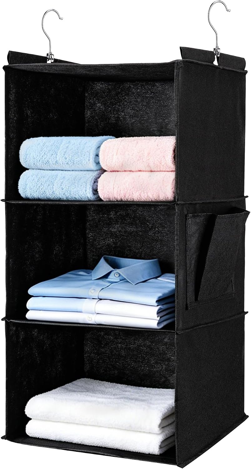 BOOMIBOO Hanging Closet Organizer and Shelves, 4 Shelves with 1 Side Pockets, Foldable, Grey Fabric, Modern Style, for Bedroom and Dorm Room (Grey)