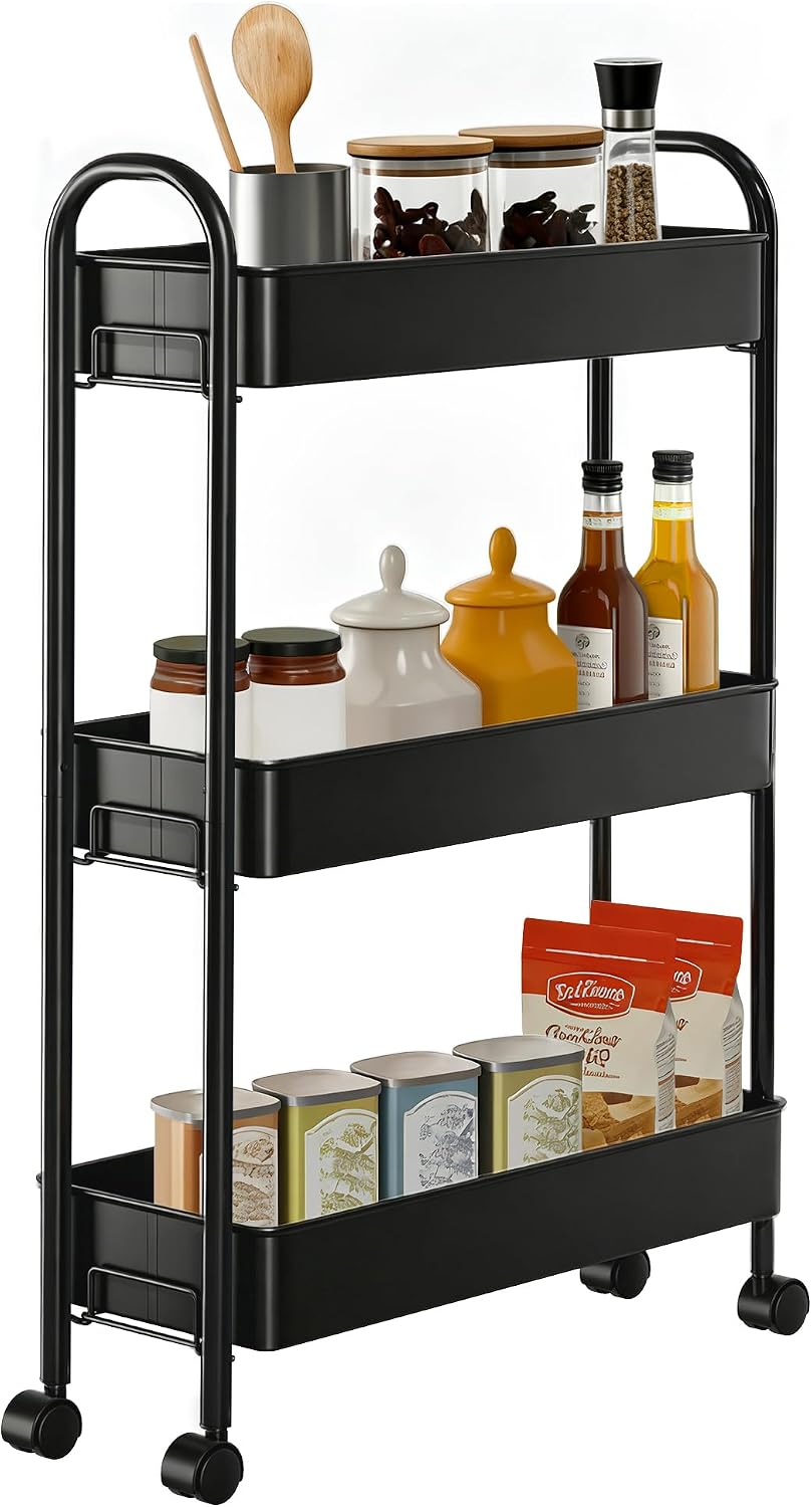 Slim Rolling Cart, Metal Frame Utility Rolling 3-Tier Narrow Storage Cart with Handle Kitchen Storage Organizer, Mobile Shelving Unit for Bathroom Kitchen