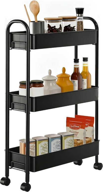 Slim Rolling Cart, Metal Frame Utility Rolling 3-Tier Narrow Storage Cart with Handle Kitchen Storage Organizer, Mobile Shelving Unit for Bathroom Kitchen